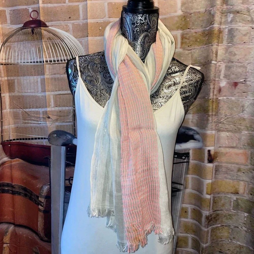 Lightweight Striped Scarf‎ Shawl Wrap Linen Blend Pink Grey White Fringe